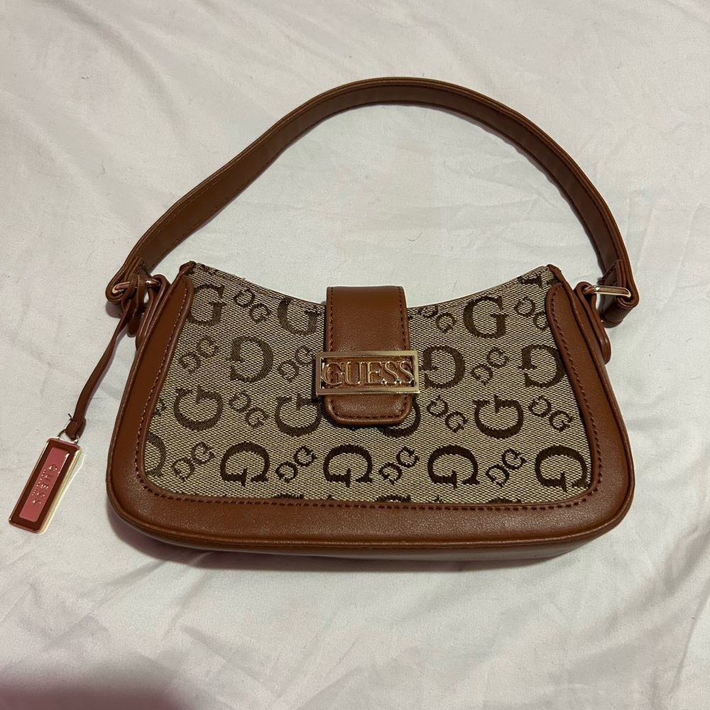 Guess Tan and Brown Logo Shoulder Bag